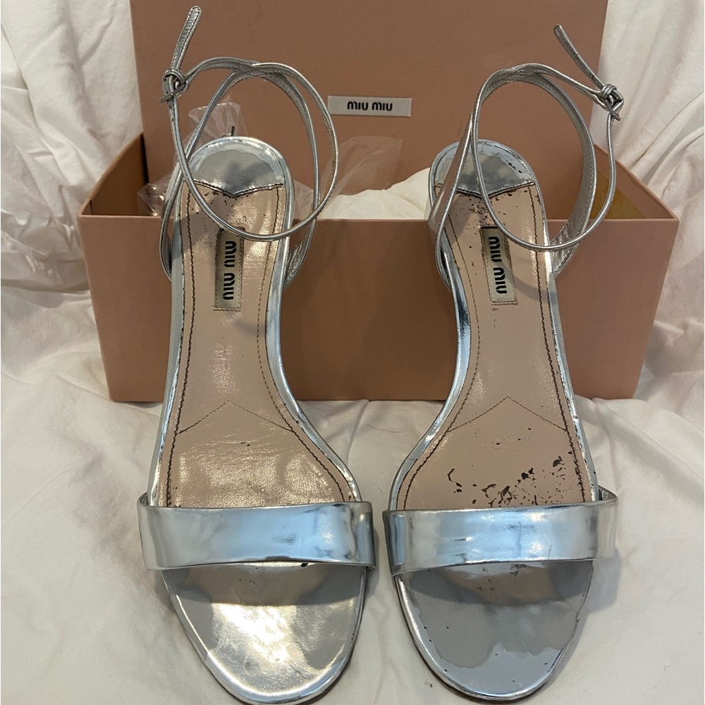 Miu Miu silver 50MM block heel sandals. Size 40.5